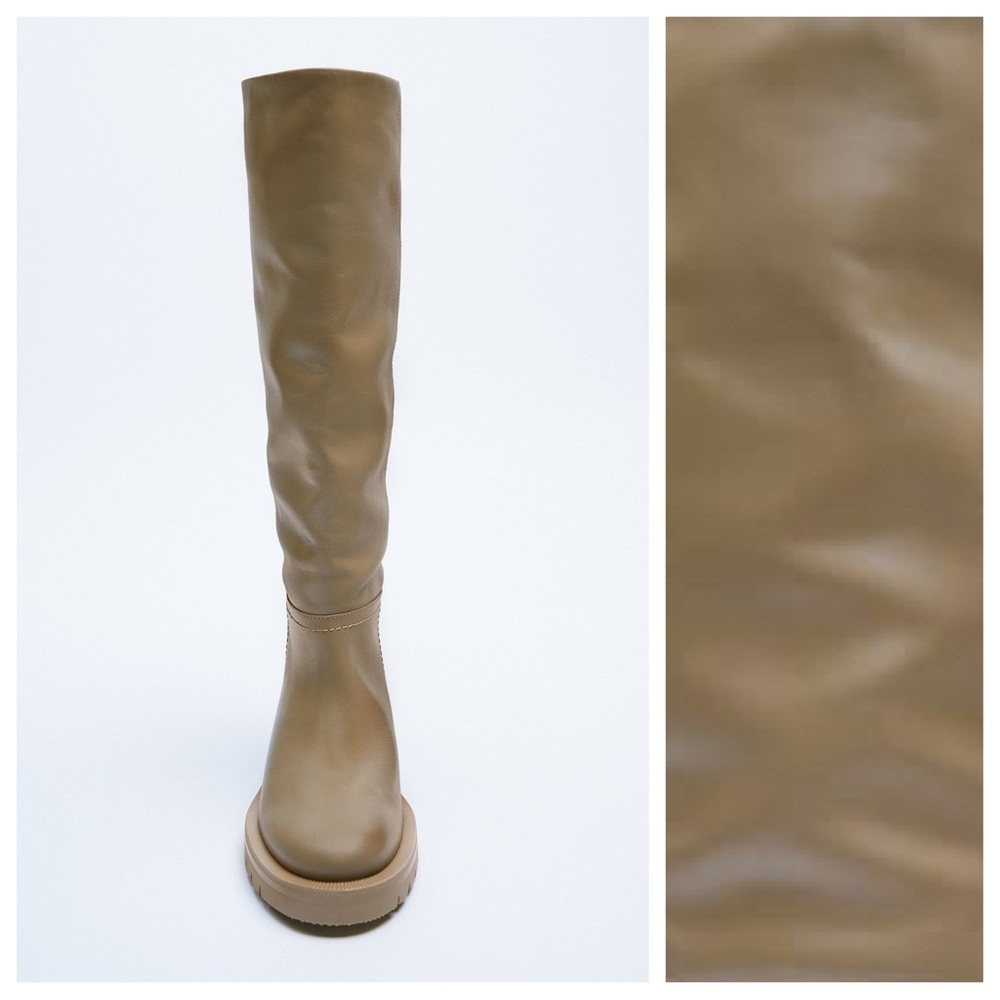NWT. Zara Sand Brown Leather Low-Heel Knee High Boots with Topstitching. Size 8. - Picture 4 of 6